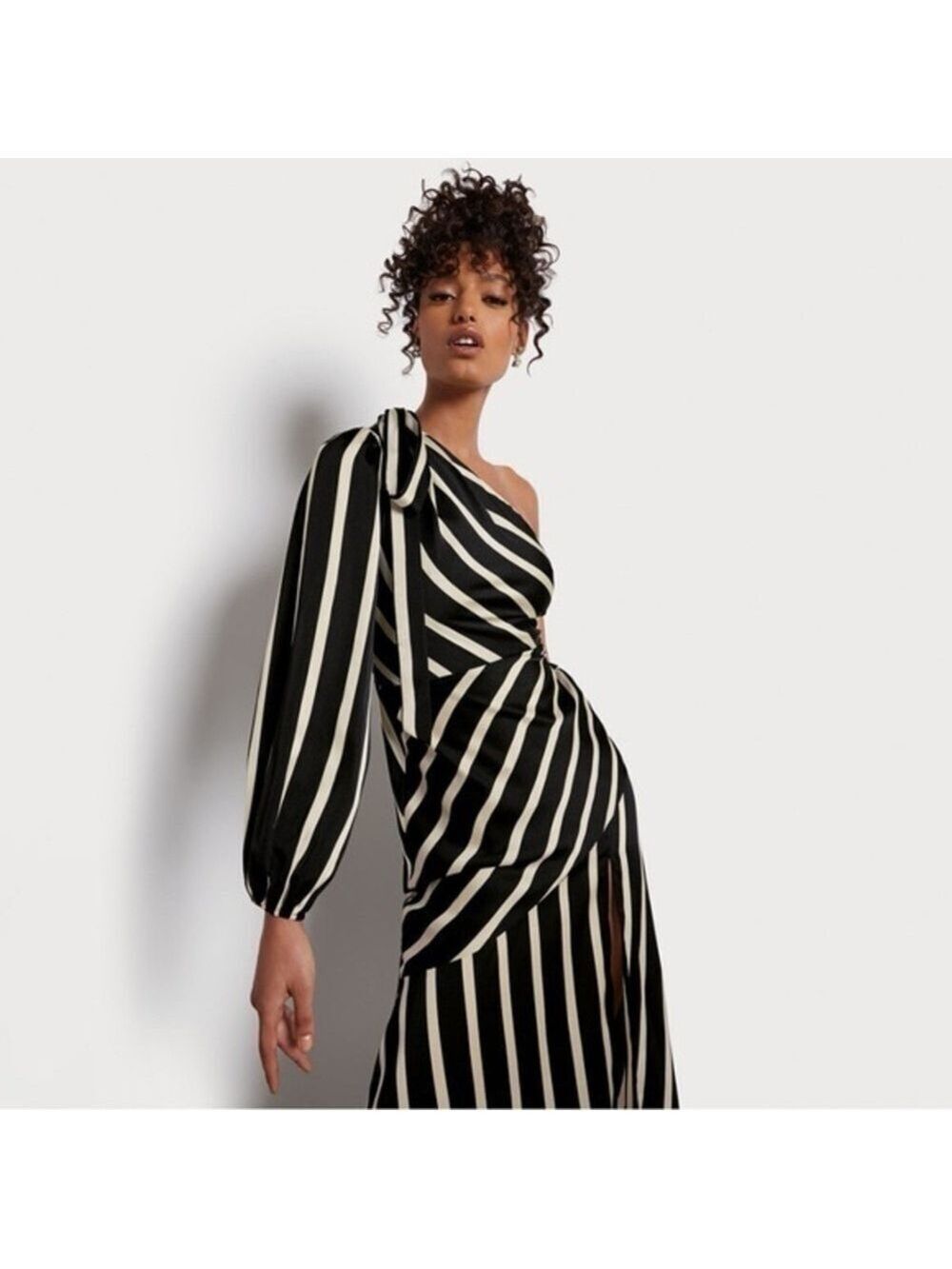 Sam Edelman French Stripe Tie Neck One-Shoulder Midi Dress in Black/White Size 2